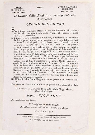 Armata d’Italia, Ordine del giorno dopo Caldiero, 1813 (proclama a stampa)