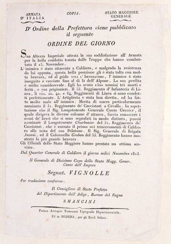 Armata d’Italia – Ordine del giorno dopo Caldiero, 1813