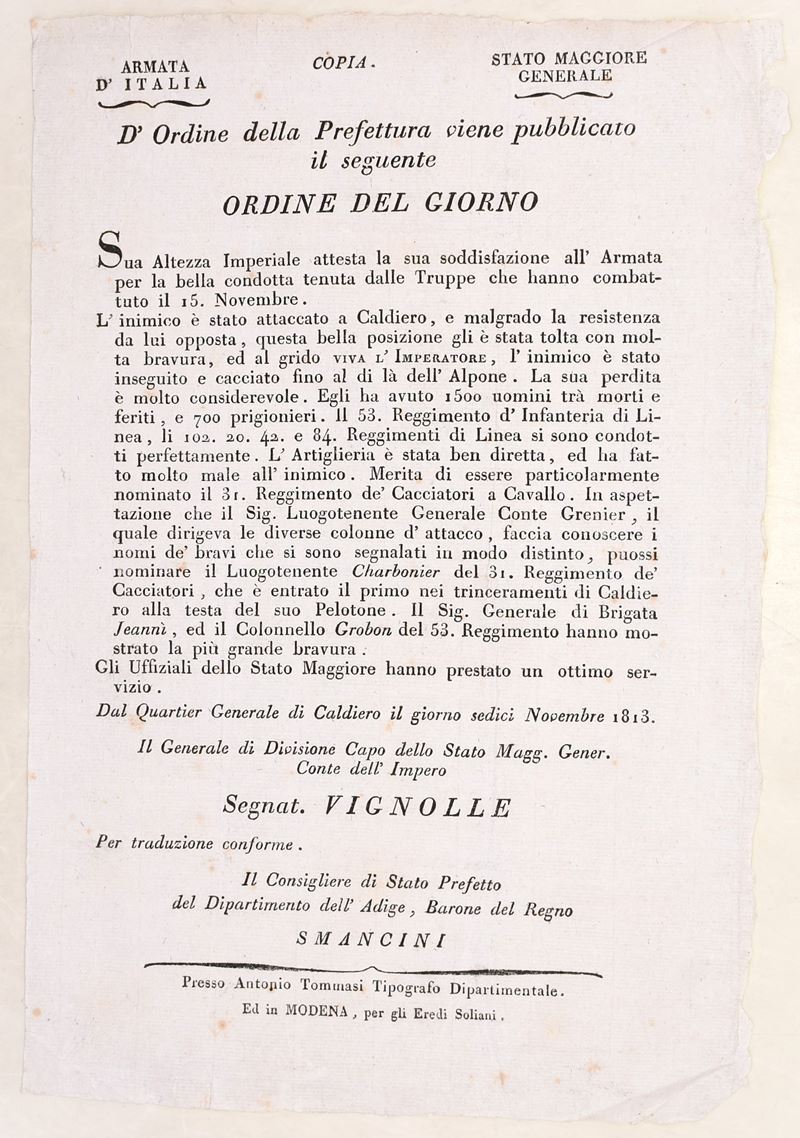 Armata d’Italia, Ordine del giorno dopo Caldiero, 1813 (proclama a stampa)