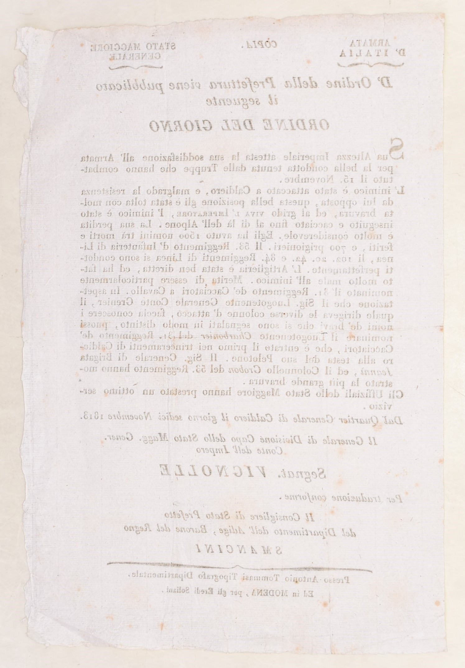 Armata d’Italia, Ordine del giorno dopo Caldiero, 1813 (proclama a stampa)