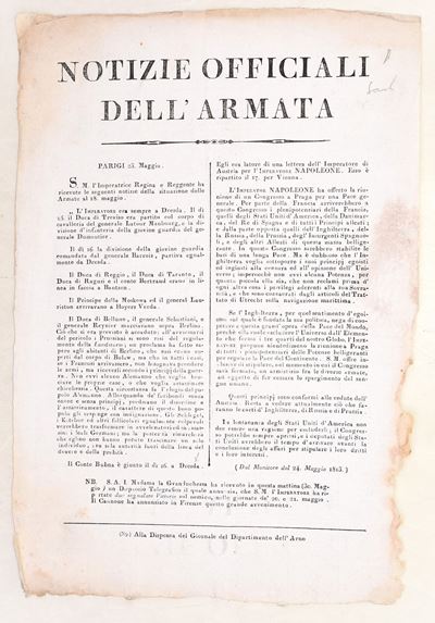 Notizie ufficiali dell’Armata napoleonica, Bollettino con proclama a stampa (Firenze/Parigi, 1813...