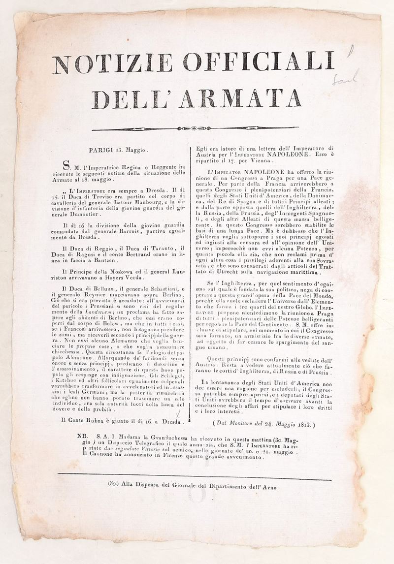 Bollettino napoleonico, Notizie officiali dell’Armata, Firenze/Parigi, maggio 1813, proclama a st...