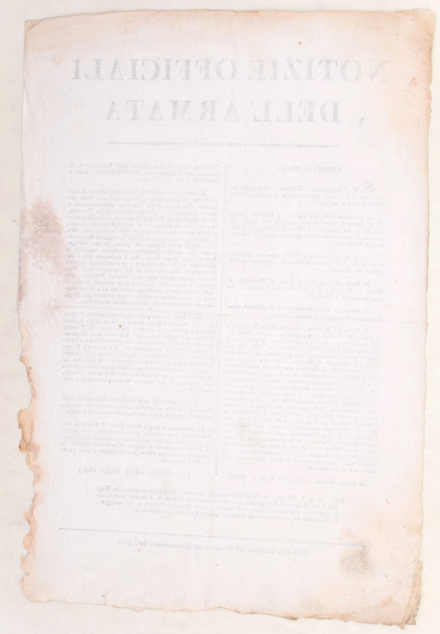 Bollettino napoleonico, Notizie officiali dell’Armata, Firenze/Parigi, maggio 1813, proclama a st...