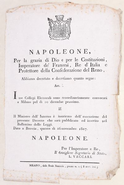 Napoleone I, Decreto di convocazione dei Collegi Elettorali, Milano, 26 novembre 1807