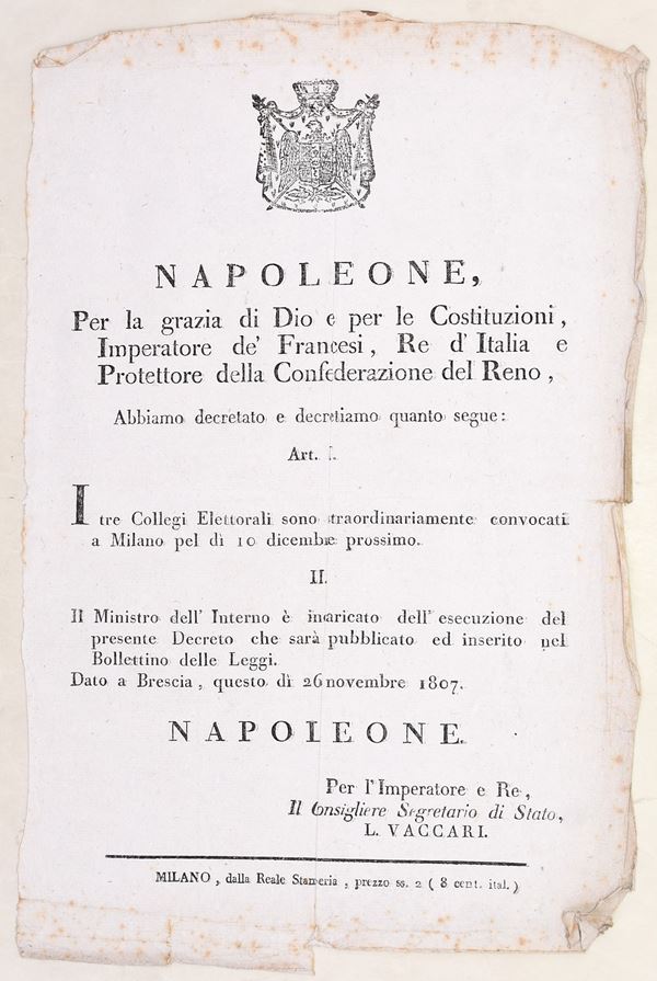 Napoleone I – Decreto di convocazione dei Collegi Elettorali, Milano, 1807