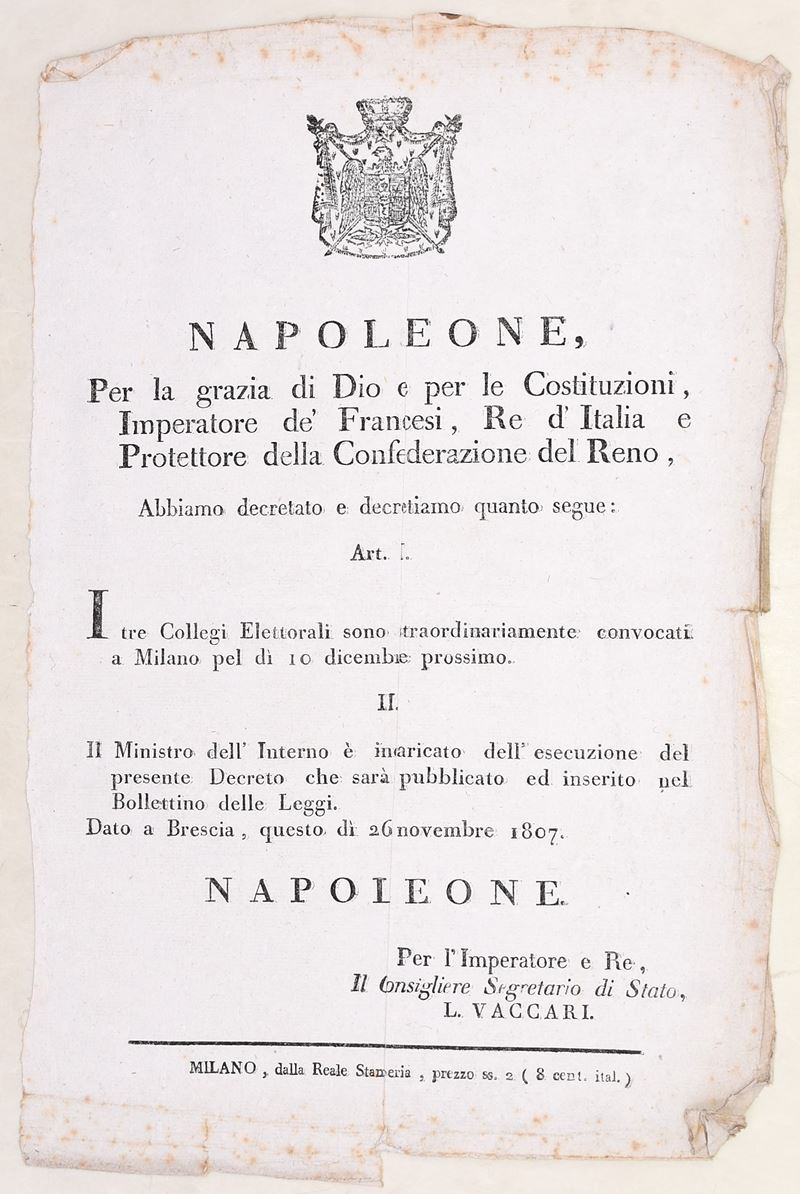 Napoleone I, Decreto di convocazione dei Collegi Elettorali, Milano, 26 novembre 1807