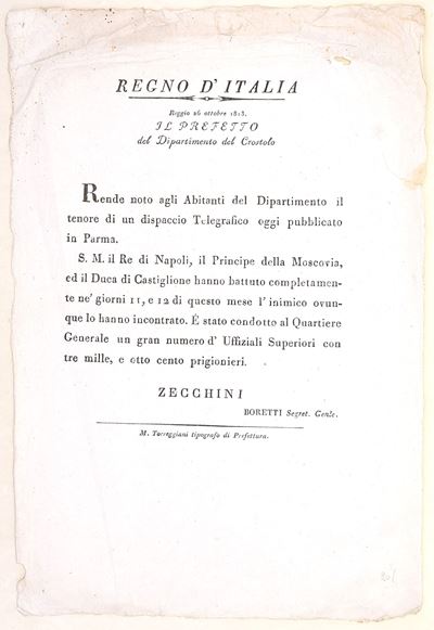 Regno d’Italia, Avviso su vittorie militari (Reggio, 26 ottobre 1813) – proclama a stampa