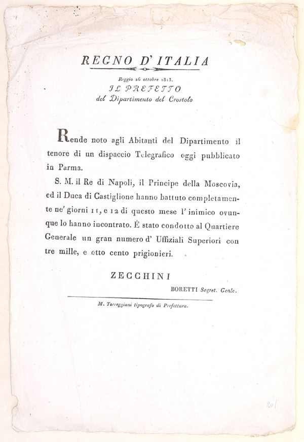 Regno d’Italia – Avviso su vittorie militari, Reggio, 1813