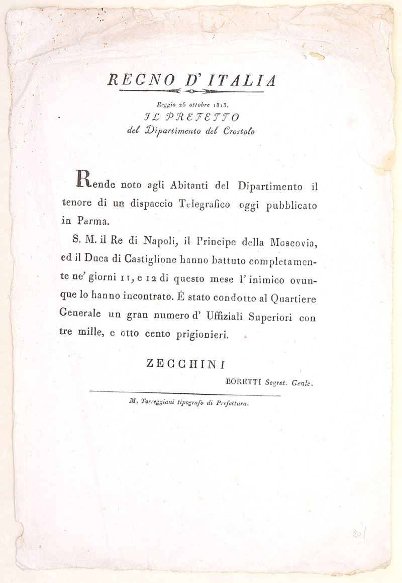 Regno d’Italia, Avviso su vittorie militari, Reggio, 26 ottobre 1813