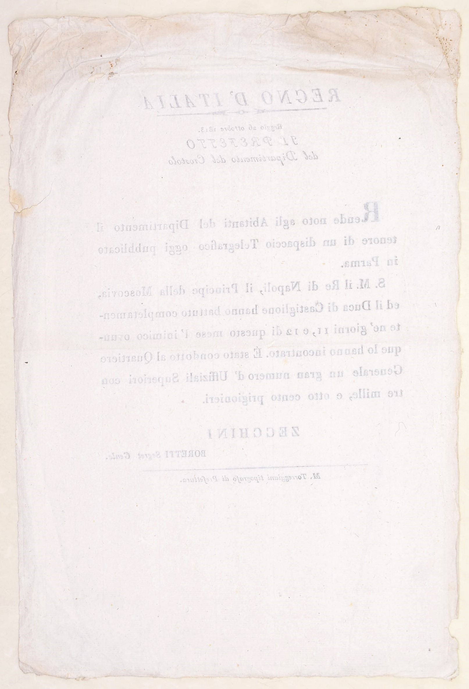 Regno d’Italia, Avviso su vittorie militari, Reggio, 26 ottobre 1813