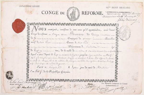 Congé de réforme con sigillo – carabiniere Bouveron, fanteria leggera, 1801