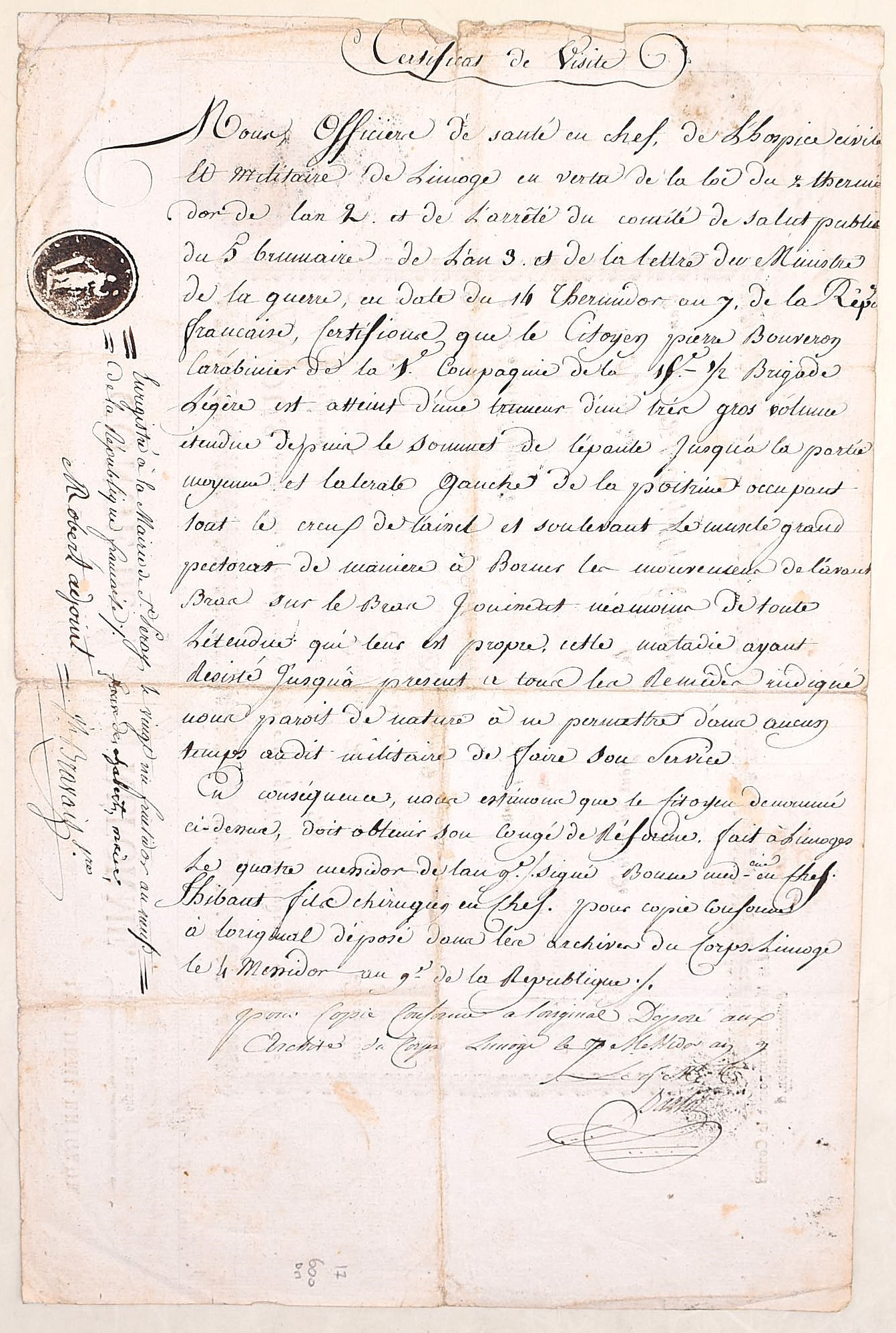 Félix Dumuy, Congé de réforme con sigillo – carabiniere Bouveron, fanteria leggera, 1801