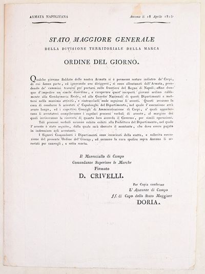 Armata Napoletana, Ordine del giorno disciplinare (Ancona, 18 aprile 1815)