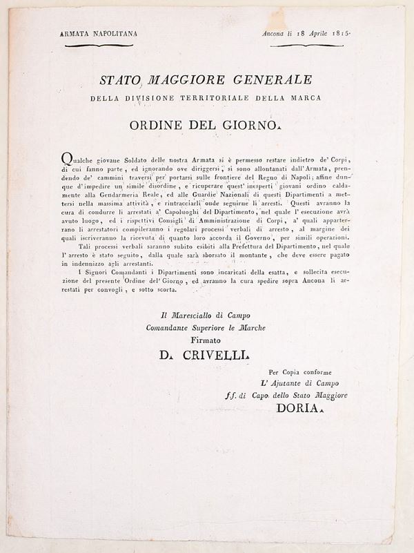 Armata Napoletana – Ordine del giorno disciplinare, Ancona, 1815