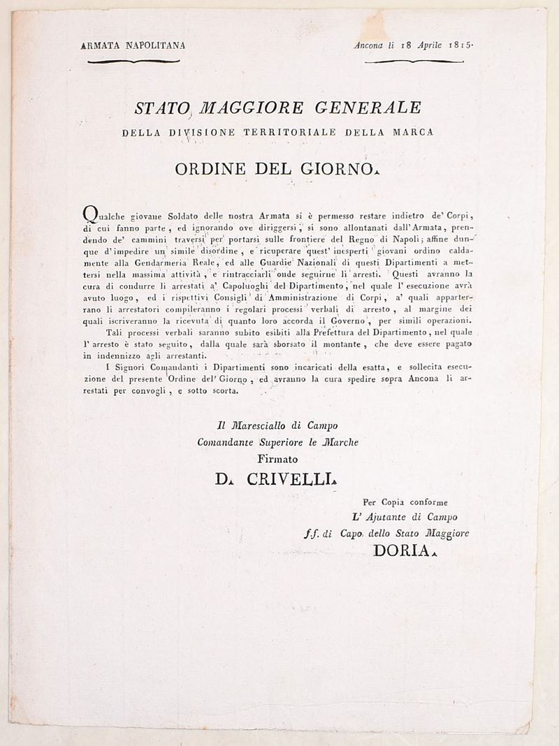 Armata Napoletana, Ordine del giorno disciplinare (Ancona, 18 aprile 1815)