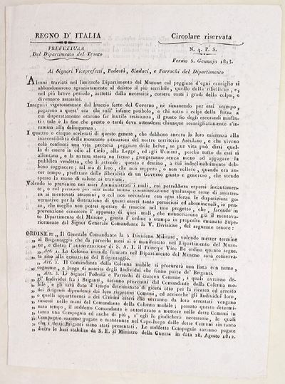 Regno d’Italia (Prefettura del Dipartimento del Tronto), Circolare riservata contro il brigantagg...