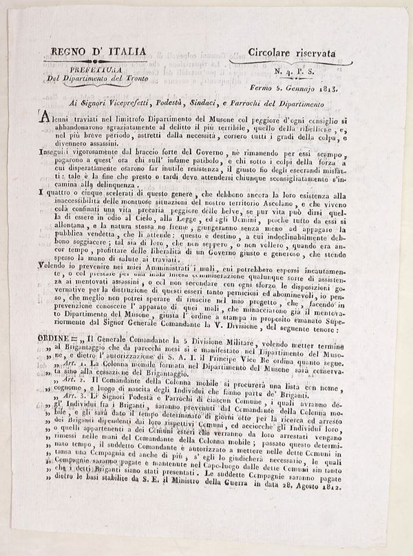 Regno d’Italia – circolare riservata contro il brigantaggio, Fermo, 1813