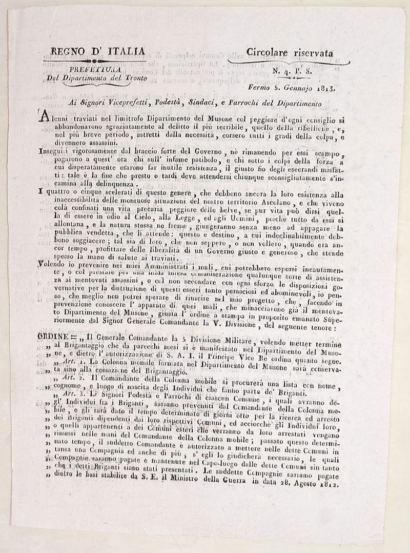 Regno d’Italia (Prefettura del Dipartimento del Tronto), Circolare riservata contro il brigantagg...
