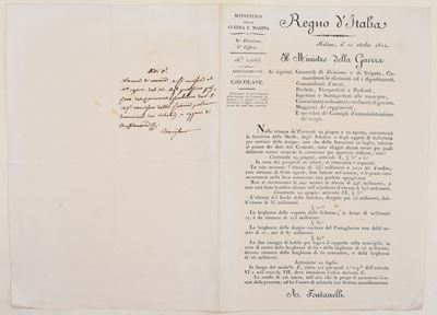 Regno d’Italia, Circolare su abbigliamento e forniture militari, Milano, 12 ottobre 1812