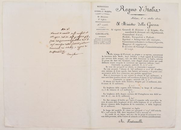 Regno d’Italia – circolare su abbigliamento e forniture militari, Milano, 1812