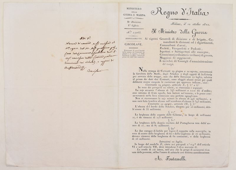 Regno d’Italia, Circolare su abbigliamento e forniture militari, Milano, 12 ottobre 1812