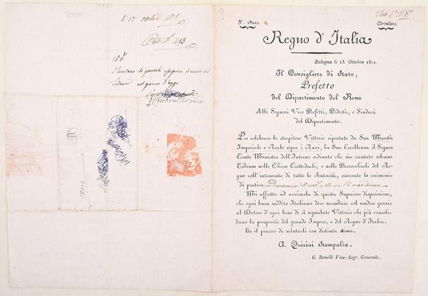 Regno d’Italia – circolare per Te Deum dopo le vittorie contro i Russi, Bologna, 1812