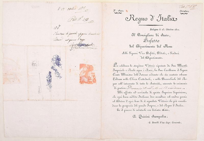 Regno d’Italia, Circolare per Te Deum dopo le vittorie contro i Russi, Bologna 1812