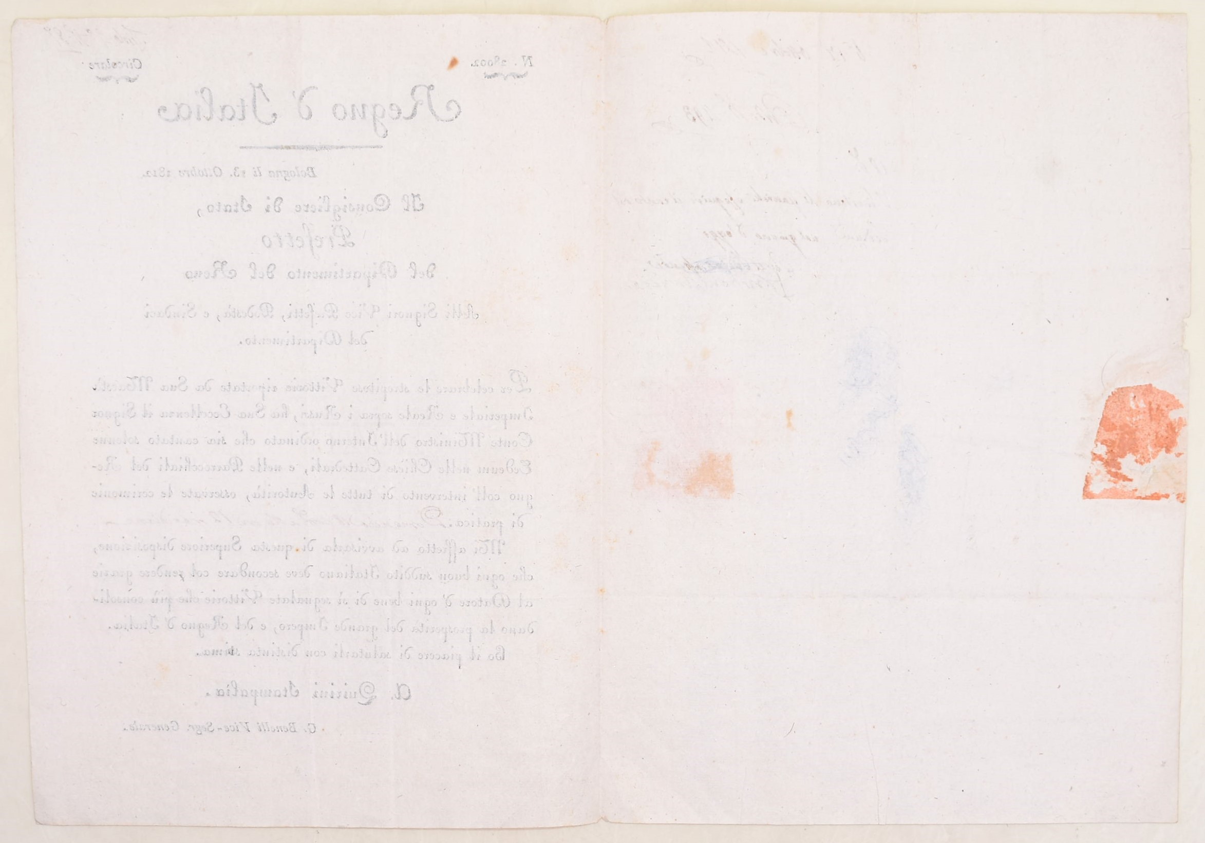 Regno d’Italia, Circolare per Te Deum dopo le vittorie contro i Russi, Bologna 1812