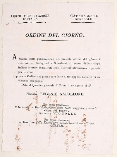 Eugenio Napoleone, Regno d’Italia – ordine del giorno contro i disertori, Udine, 17 agosto 1813