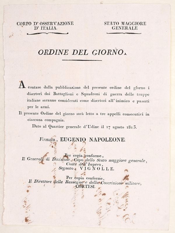 Regno d’Italia – ordine del giorno contro i disertori, Udine, 1813