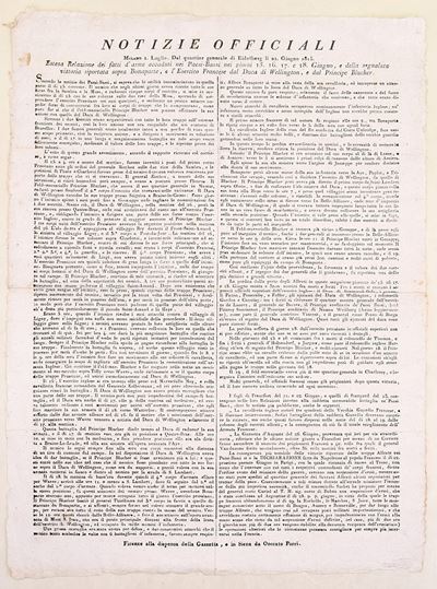 Notizie officiali, Relazione della sconfitta di Bonaparte (Waterloo), 1815