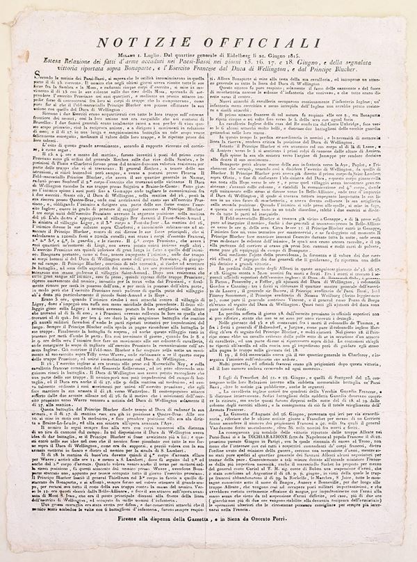 Notizie officiali – relazione della sconfitta di Bonaparte (Waterloo), 1815