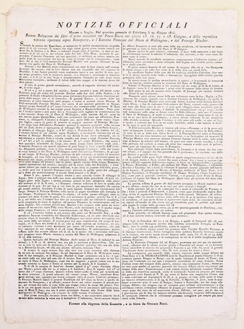 Notizie officiali, Relazione della sconfitta di Bonaparte (Waterloo), 1815