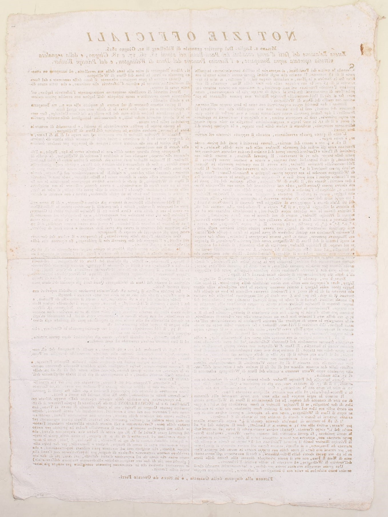 Notizie officiali, Relazione della sconfitta di Bonaparte (Waterloo), 1815