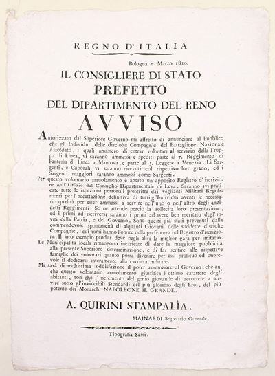 Regno d’Italia napoleonico, Avviso di arruolamento volontario, Bologna 2 marzo 1810 (proclama a s...