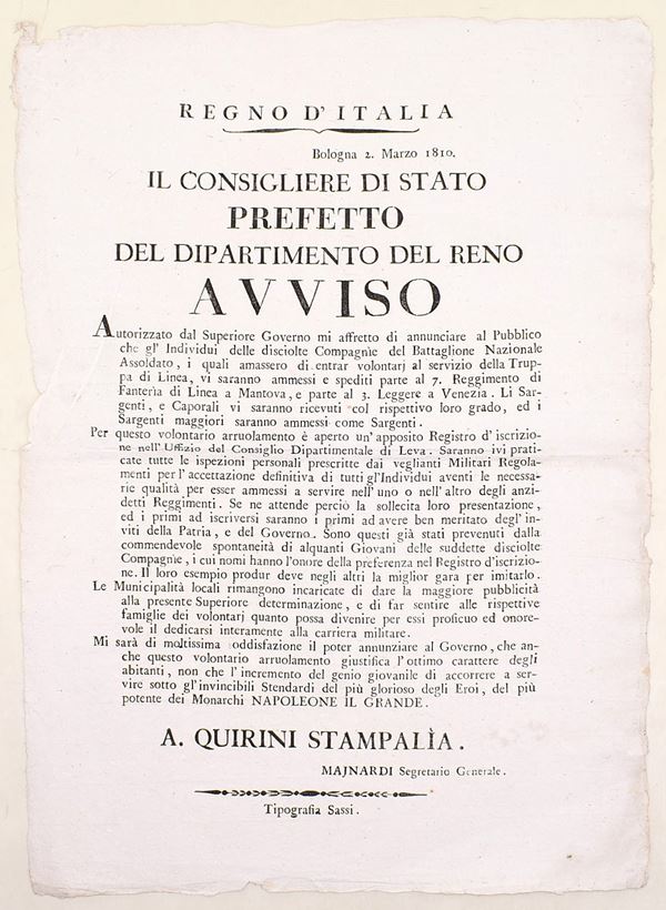 Regno d’Italia – avviso di arruolamento volontario, Bologna, 1810