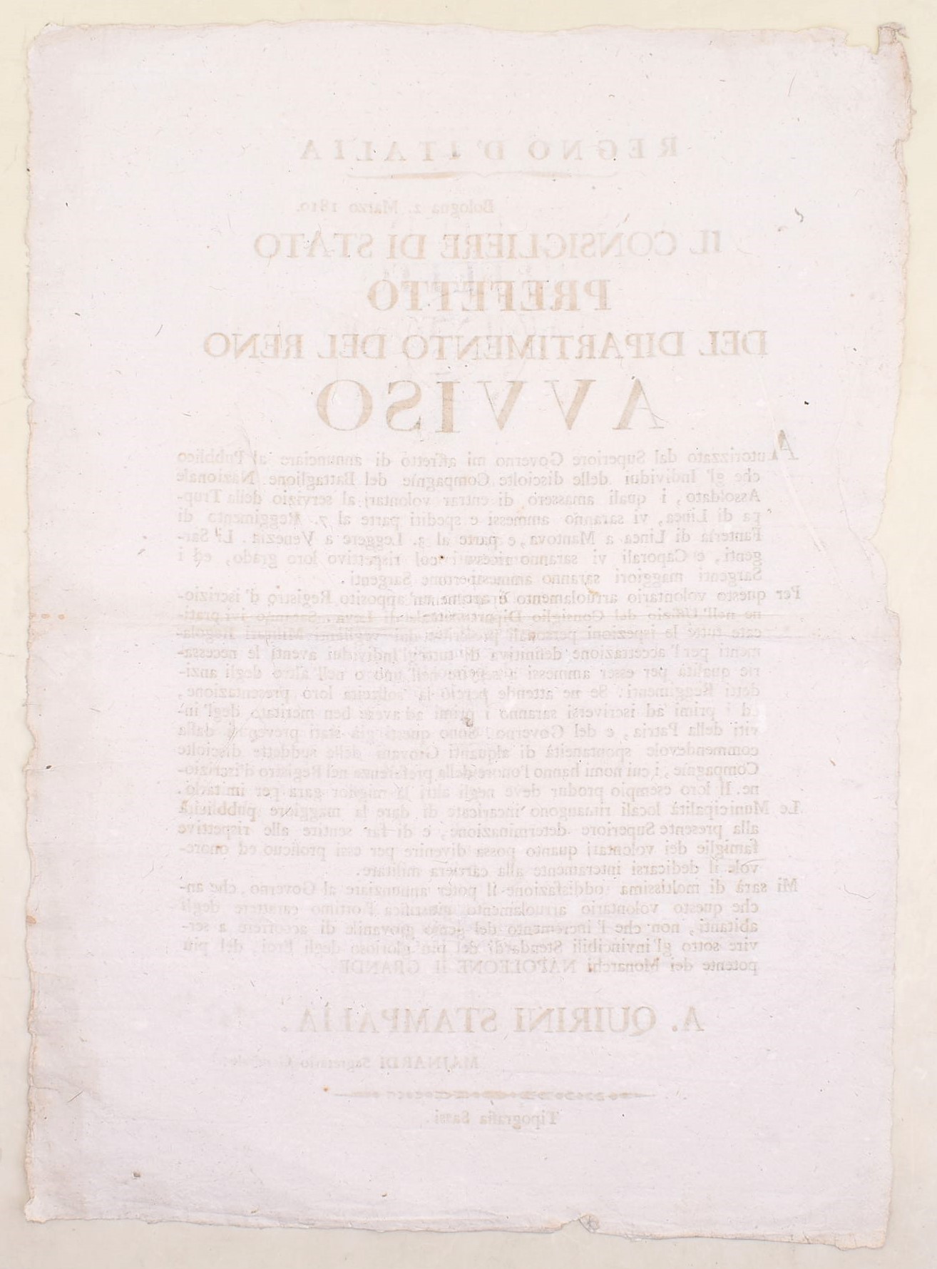Regno d’Italia napoleonico, Avviso di arruolamento volontario, Bologna 2 marzo 1810