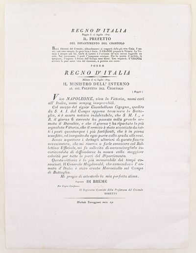 Di Breme, Proclama e lettera del Ministro dell’Interno sulla vittoria napoleonica sul Danubio (18...