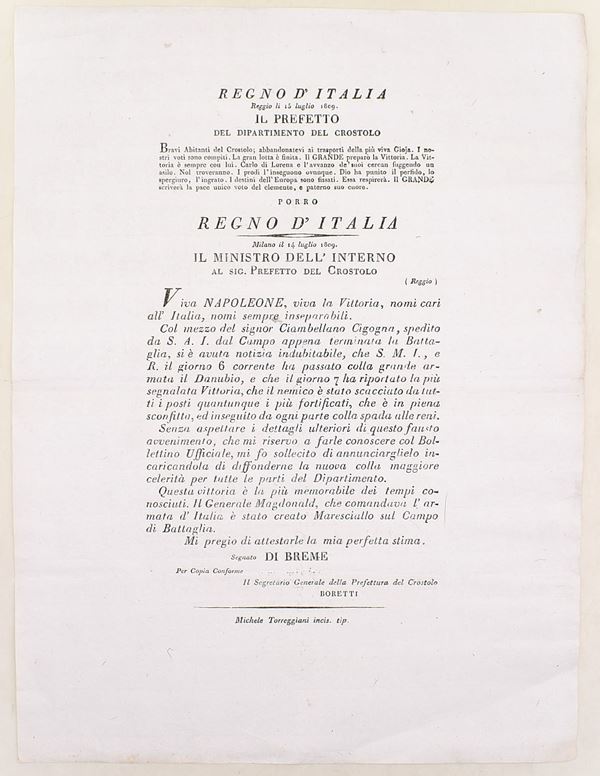 Proclama e lettera del Ministro dell’Interno Di Breme sulla vittoria napoleonica sul Danubio, 1809