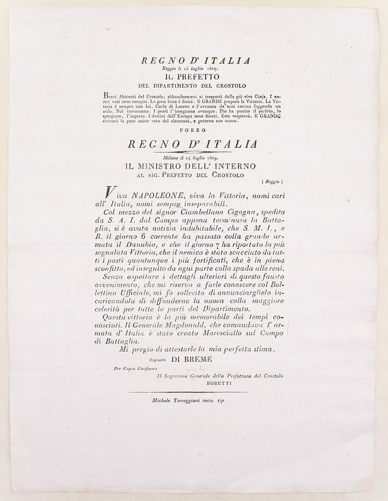 Di Breme, Proclama e lettera sulla vittoria napoleonica sul Danubio (Reggio e Milano, 1809)