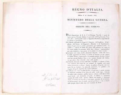 Regno d’Italia napoleonico, Ordine del giorno sugli uniformi degli ufficiali riformati dell’Armat...