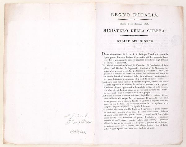 Ordine del giorno sugli uniformi degli ufficiali riformati dell’Armata Italiana, 1806