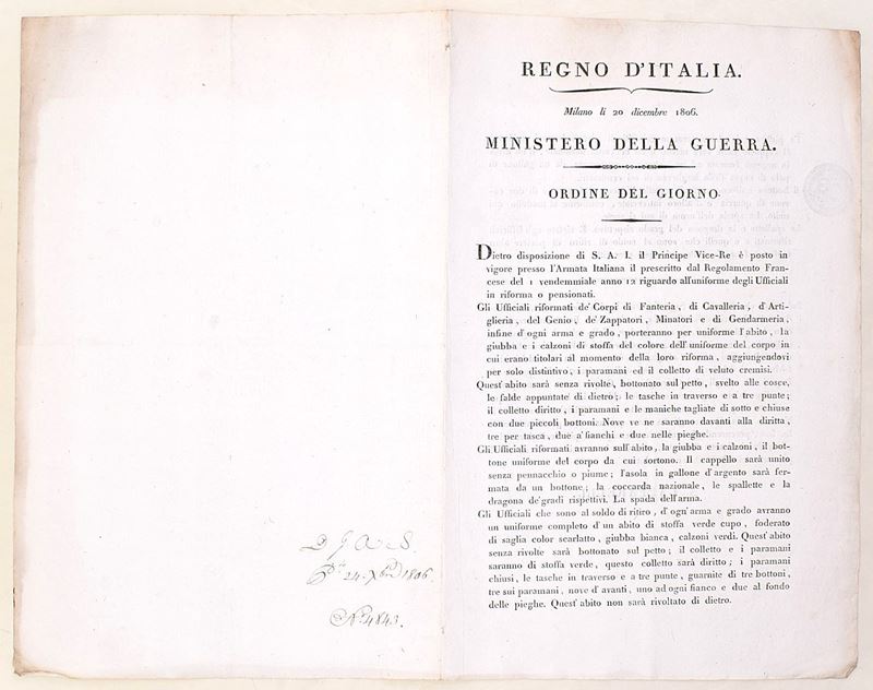 Regolamento ministeriale, Ordine del giorno sugli uniformi degli ufficiali riformati dell’Armata ...