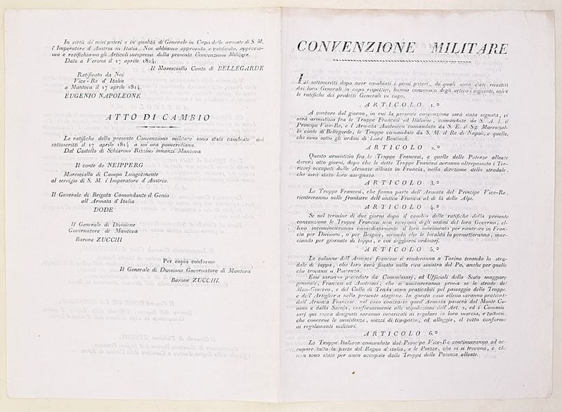 Convenzione militare tra truppe francesi, italiane e austriache, Verona e Mantova, 17 aprile 1814