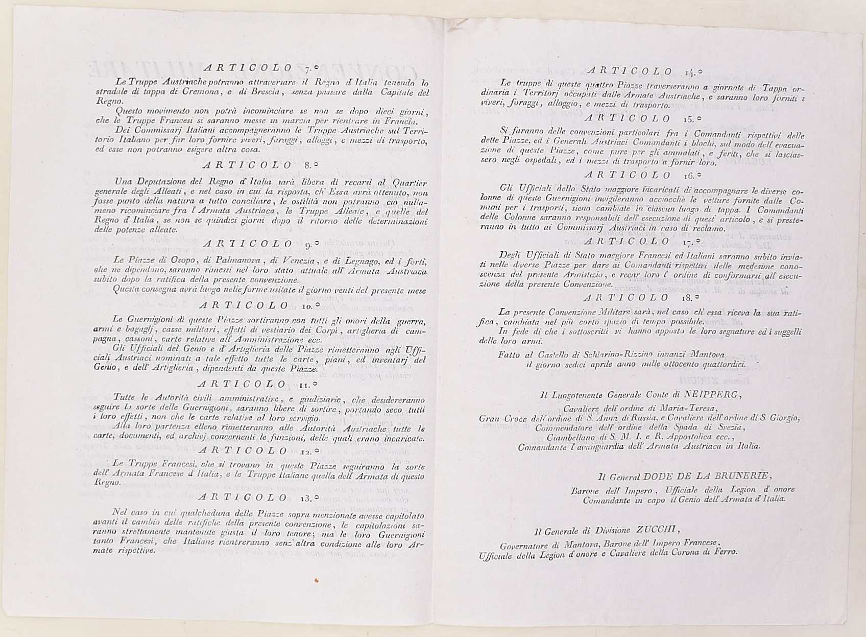 Convenzione militare tra truppe francesi, italiane e austriache, Verona e Mantova, 17 aprile 1814