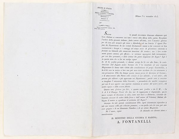 Circolare del Ministro della Guerra e Marina per l’incoraggiamento della gioventù italiana alla difesa della patria, Milano, 11 novembre 1813