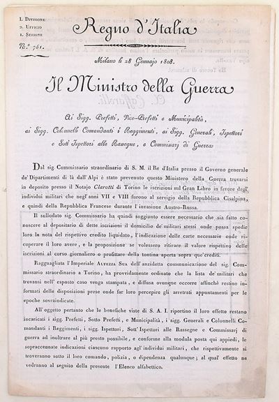 Elenco dei militari cisalpini con crediti arretrati, Milano, 28 gennaio 1808
