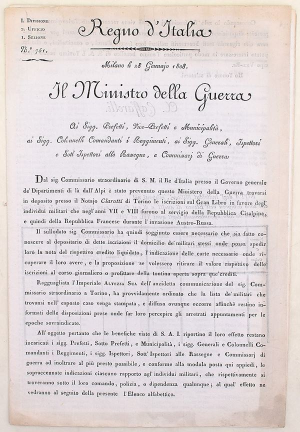 Elenco dei militari cisalpini con crediti arretrati, Milano, 1808