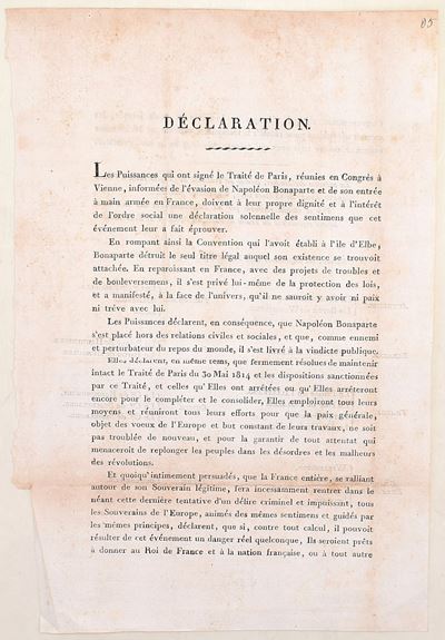 Vienna, 13 marzo 1815, Dichiarazione delle Potenze firmatarie del Trattato di Parigi contro Napol...