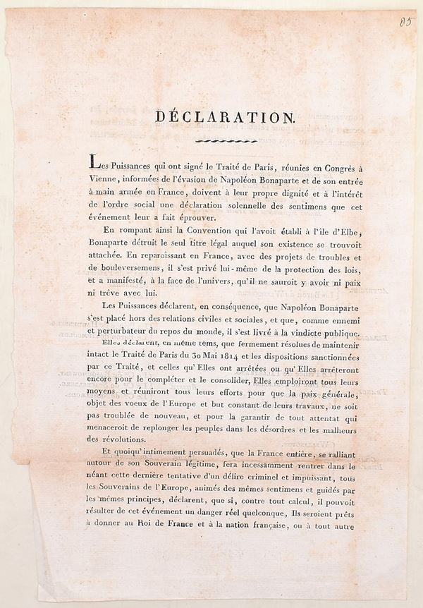 Déclaration des Puissances signataires du Traité de Paris contro Napoleone Bonaparte, Vienna, 13 marzo 1815